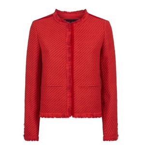 Maje Valou Red Woven Tweed Fringe Trim Blazer Jacket L 12 40